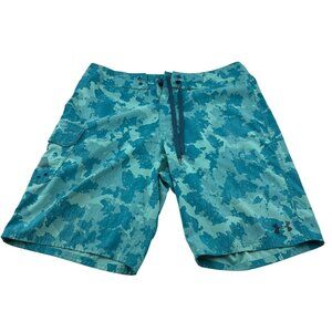 Under Armour Men's HeatGear Camo Board Shorts Size 34 Blue Turquoise Swim Shorts
